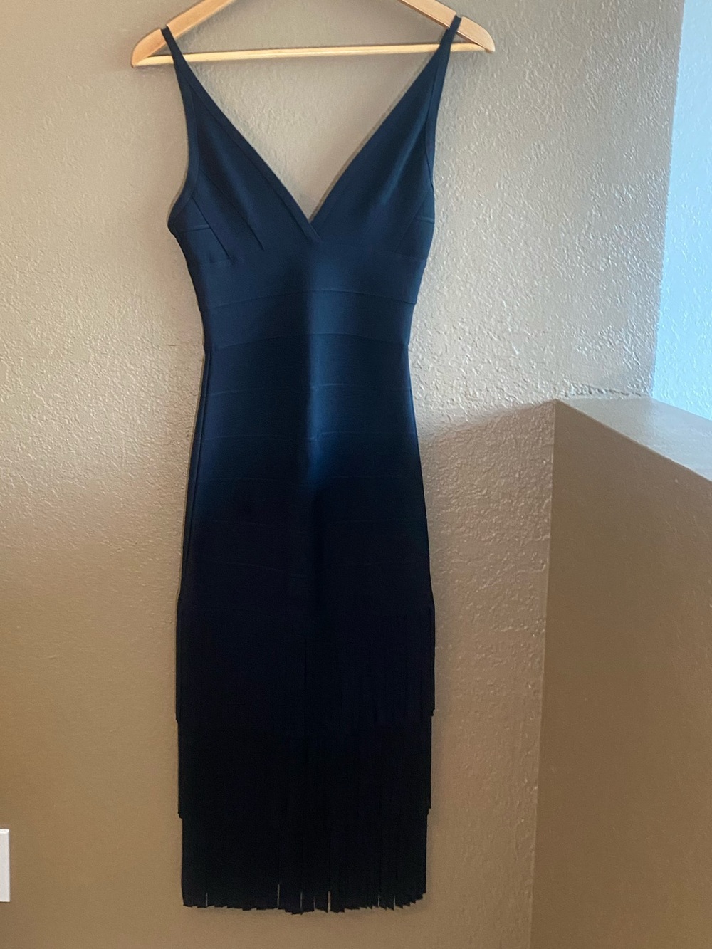 Herve Leger Black V-Neck Fringe Midi Bandage Dress